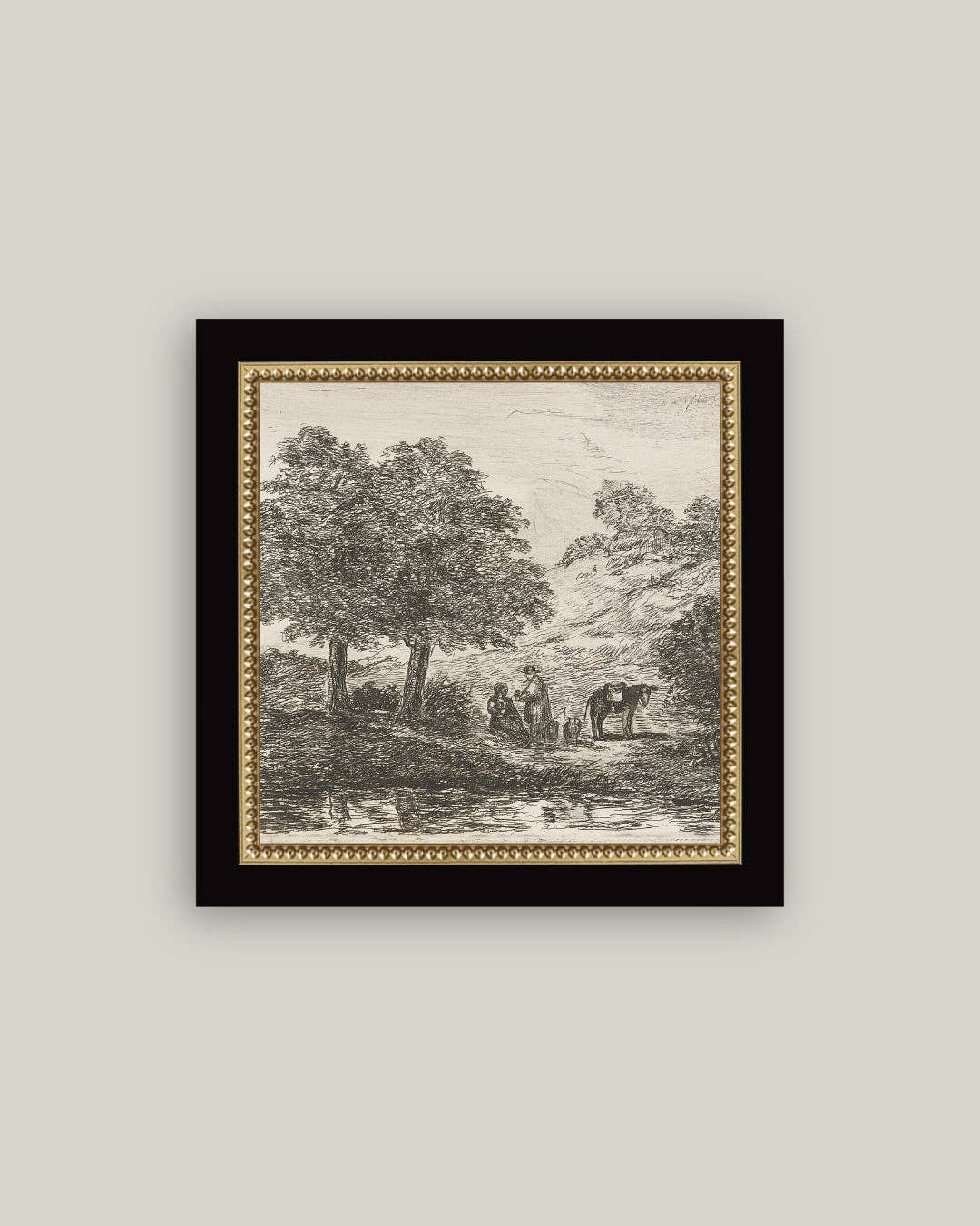 Landscape with Family under Tree Framed Antique Art: 15x15