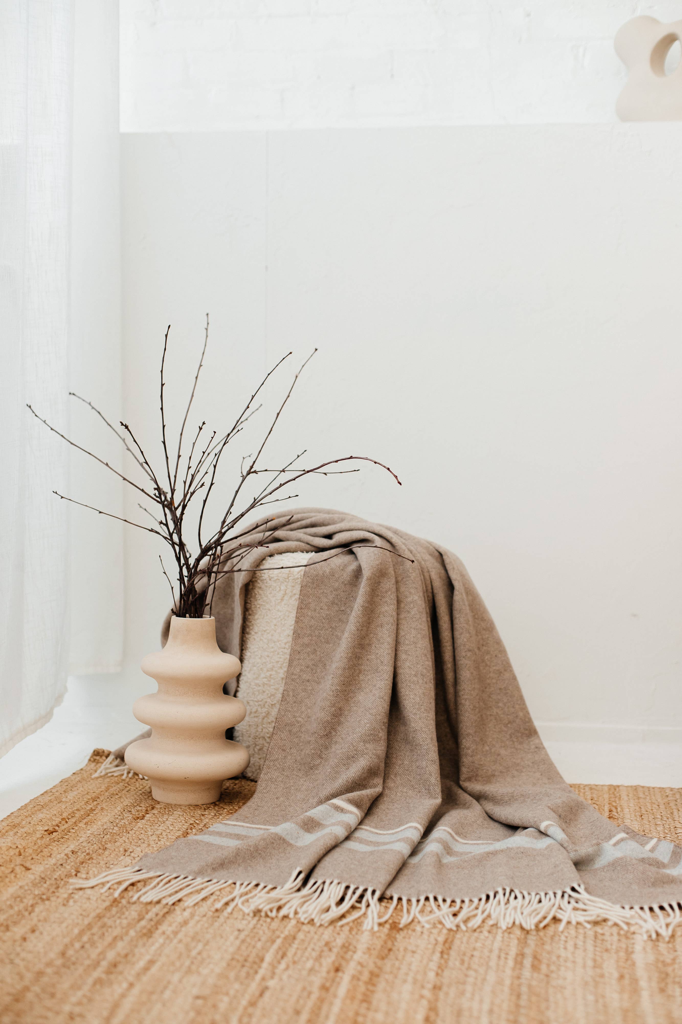 Cornwall Wool Throw – Brown with Ivory & Grey Stripes