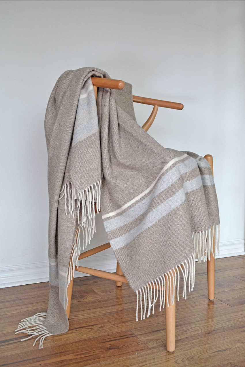 Cornwall Wool Throw – Brown with Ivory & Grey Stripes