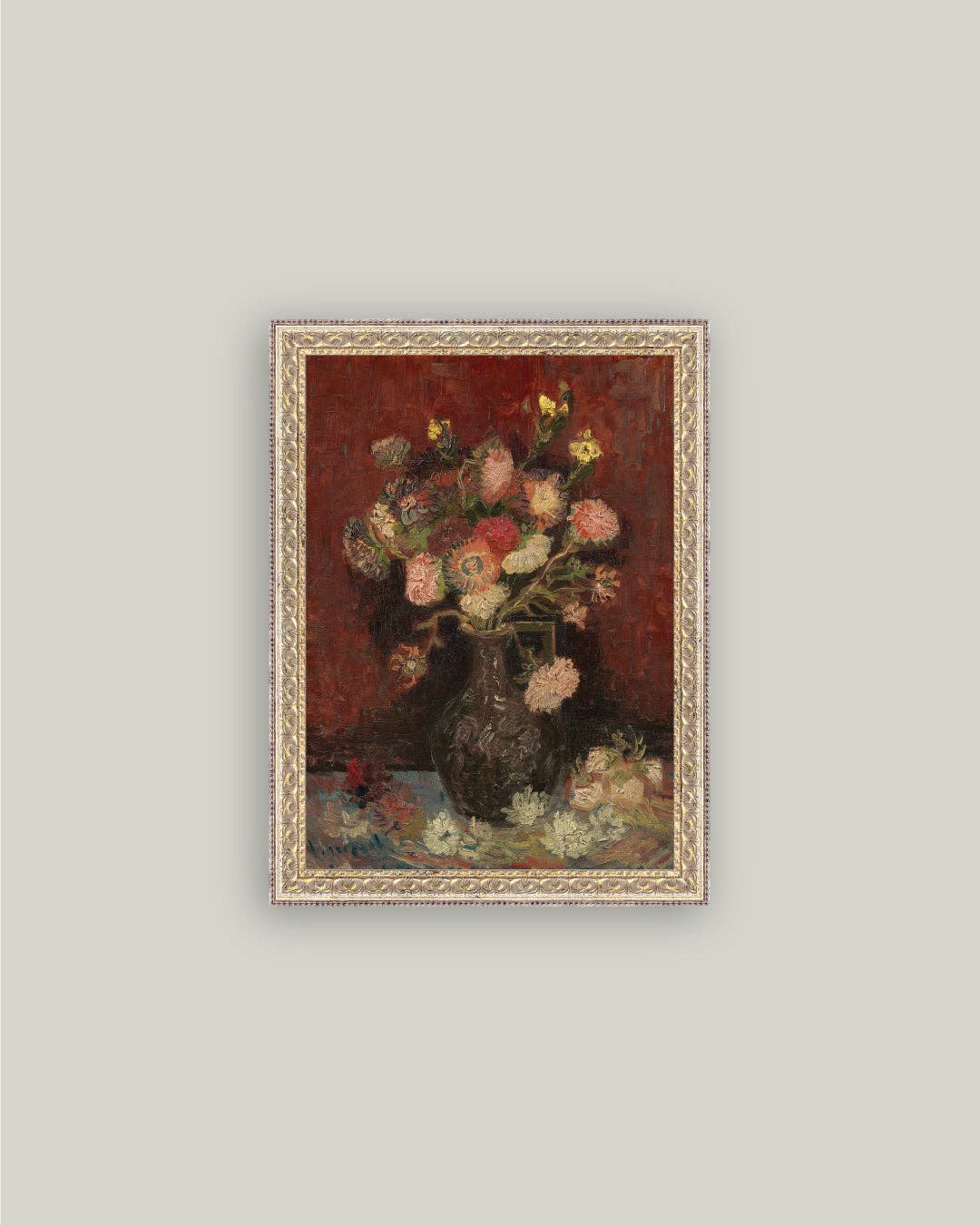 Chinese Asters and Gladioli Framed Antique Art: 5x7