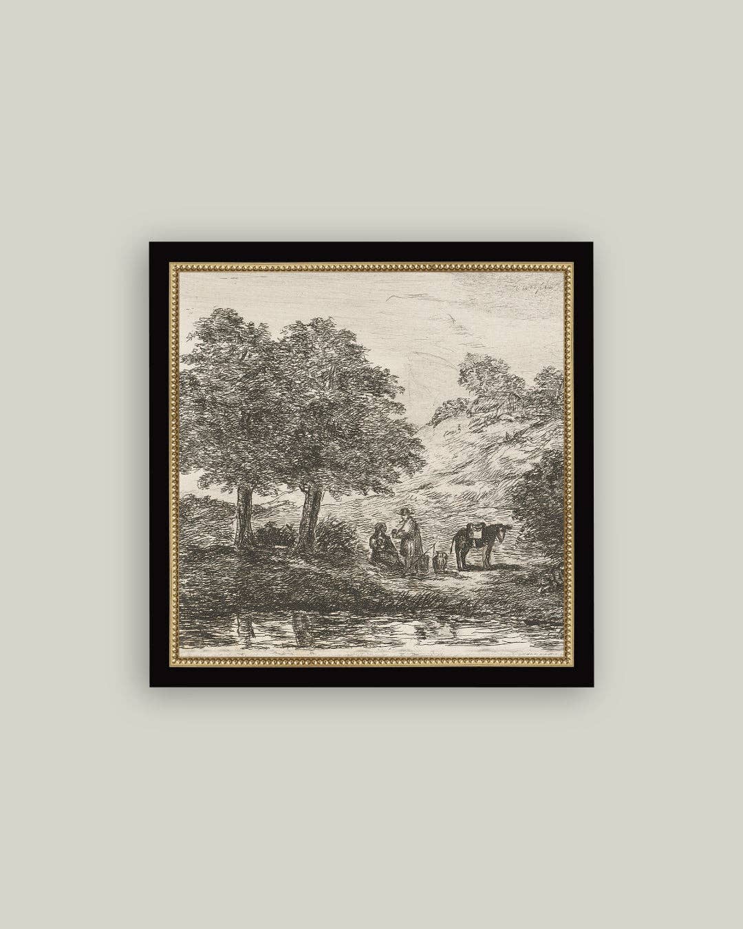 Landscape with Family under Tree Framed Antique Art: 15x15
