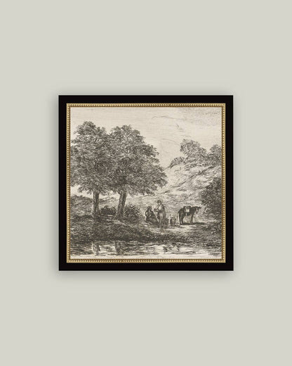 Landscape with Family under Tree Framed Antique Art: 15x15