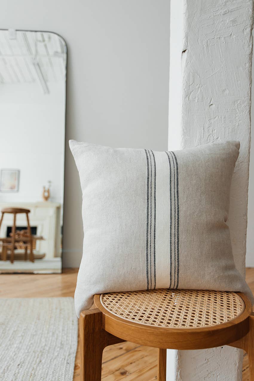 Casa Linen Pillow Cover - Available in 4 Colors: Beige with White and Navy Stripes