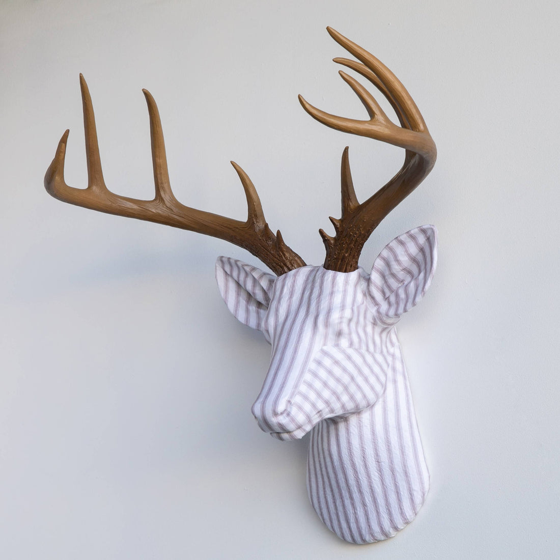 Fabric Deer Head - Taupe Ticking Stripes