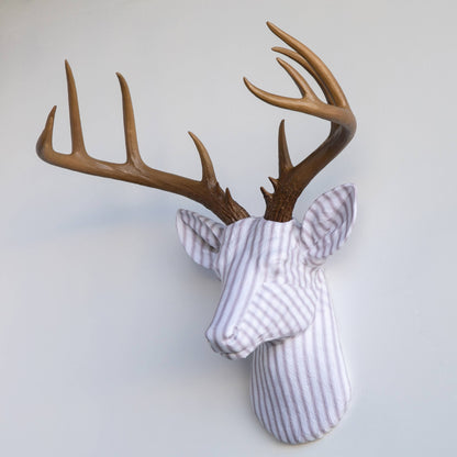 Fabric Deer Head - Taupe Ticking Stripes