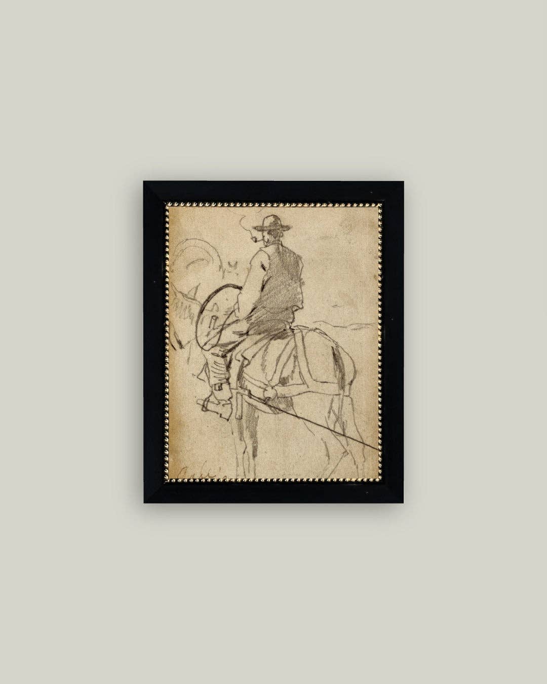 Man Riding a Horse Framed Antique Art: