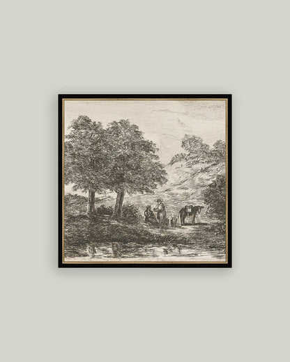 Landscape with Family under Tree Framed Antique Art: 15x15