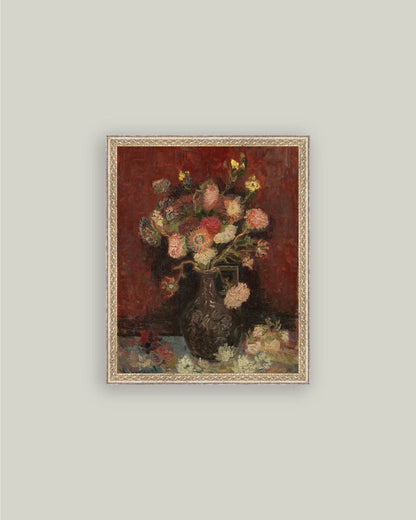 Chinese Asters and Gladioli Framed Antique Art: 8x10
