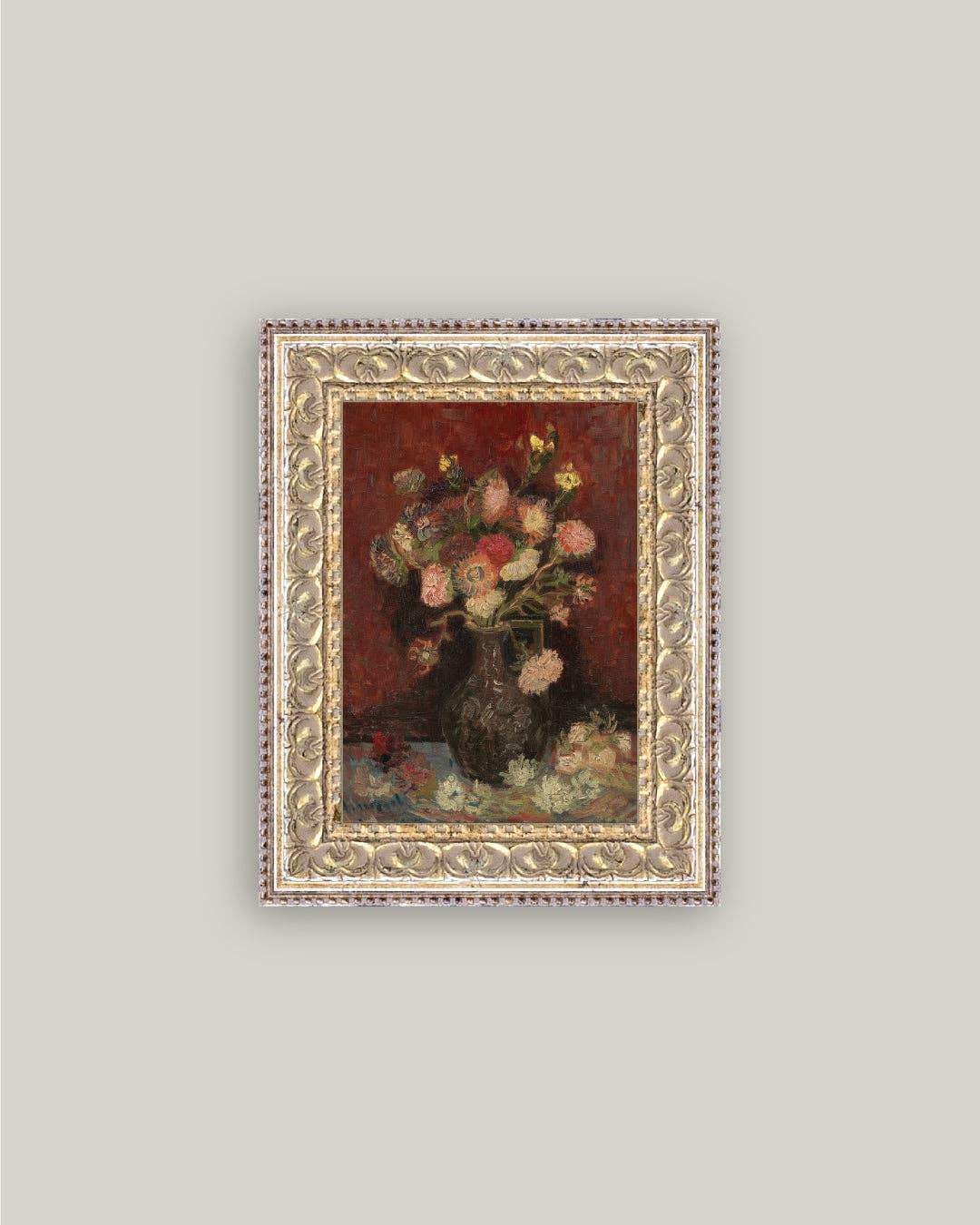 Chinese Asters and Gladioli Framed Antique Art: 5x7