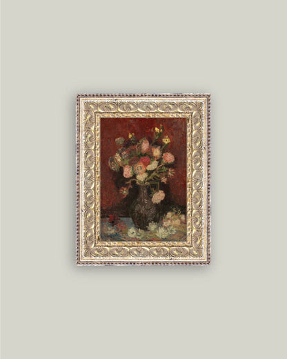 Chinese Asters and Gladioli Framed Antique Art: 8x10