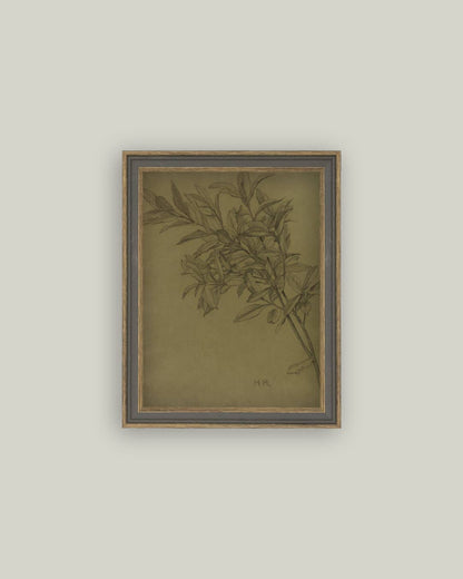 Leaves On Green Framed Antique Art: 7x9