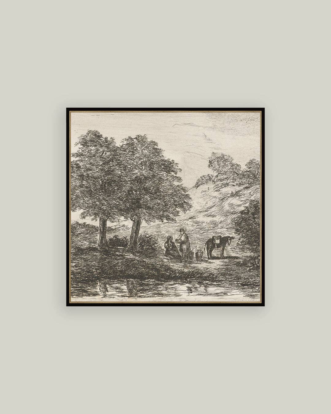 Landscape with Family under Tree Framed Antique Art: 15x15