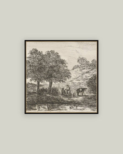 Landscape with Family under Tree Framed Antique Art: 15x15