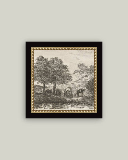 Landscape with Family under Tree Framed Antique Art: 15x15