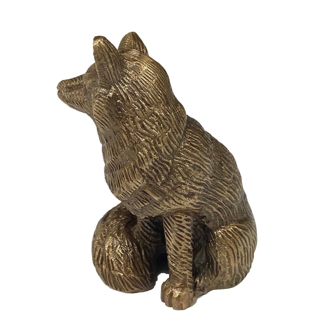Antiqued Solid Brass Sitting Fox Tabletop Decor