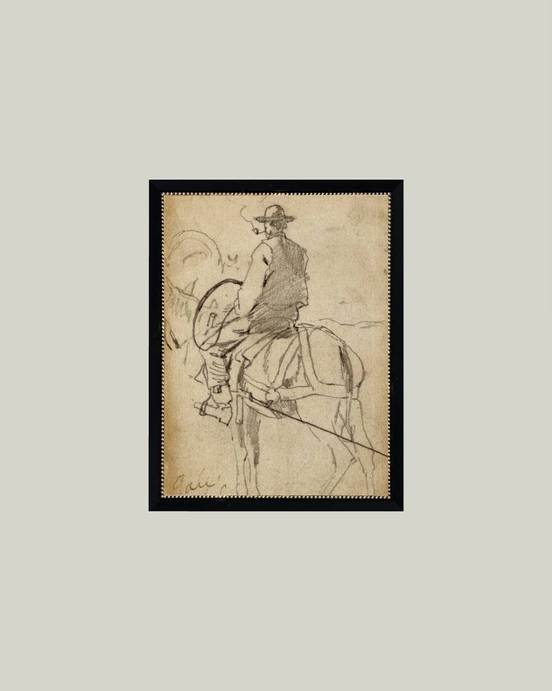 Man Riding a Horse Framed Antique Art:
