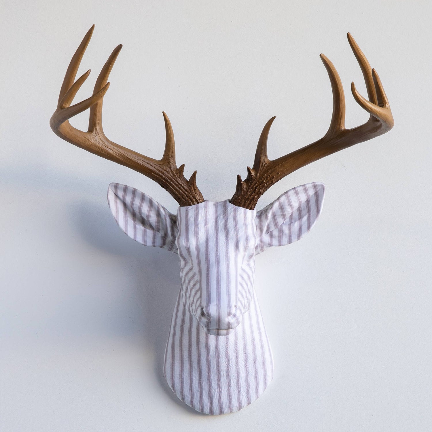 Fabric Deer Head - Taupe Ticking Stripes