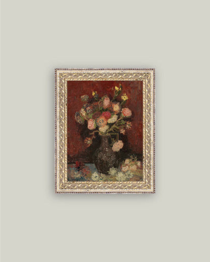 Chinese Asters and Gladioli Framed Antique Art: 5x7