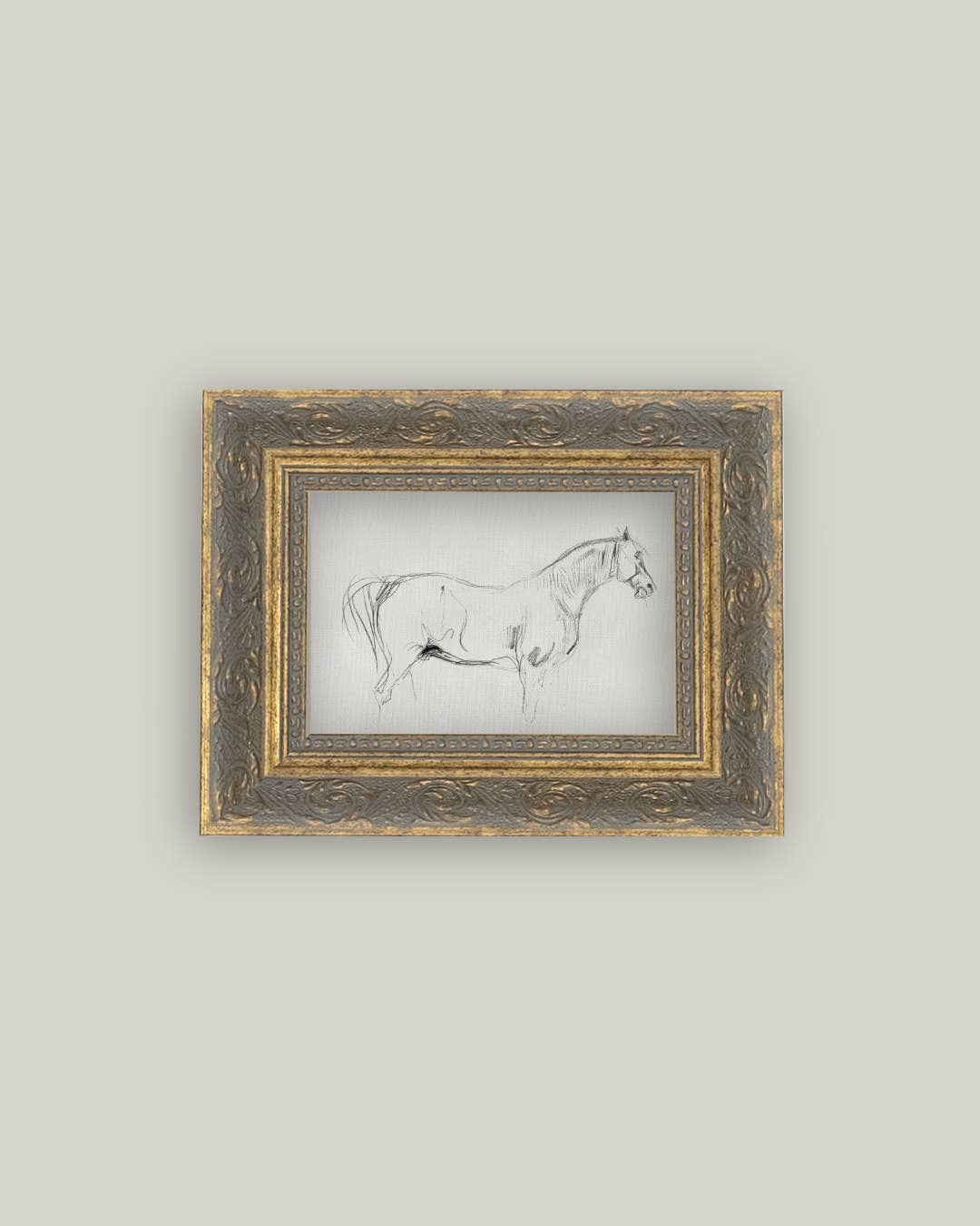 Horse Sketch Framed Antique Art: 7x5