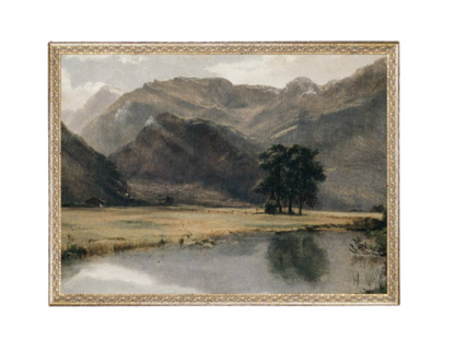 River Mountainscape Framed Antique Art
